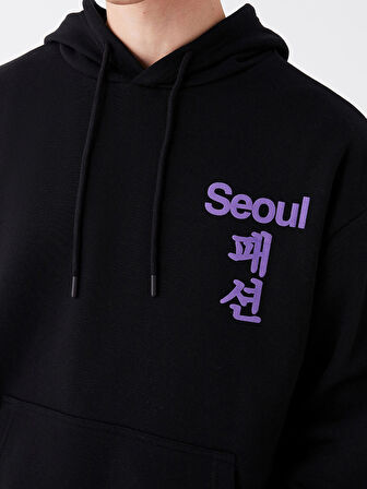 XSIDE Siyah Uzun Kollu Baskılı Erkek Kalın Hoodie