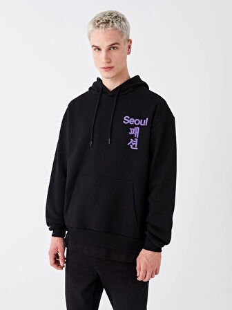 XSIDE Siyah Uzun Kollu Baskılı Erkek Kalın Hoodie