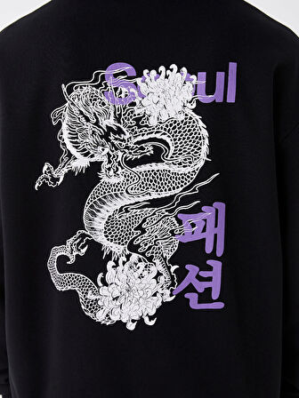 XSIDE Siyah Uzun Kollu Baskılı Erkek Kalın Hoodie