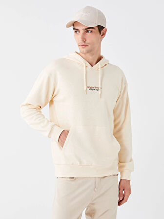 XSIDE Ekru Uzun Kollu Baskılı Erkek Kalın Hoodie