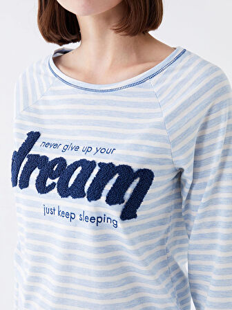 LCW DREAM Mavi Bisiklet Yaka Nakışlı Uzun Kollu Kadın Pijama Takımı