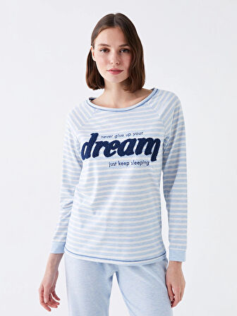 LCW DREAM Mavi Bisiklet Yaka Nakışlı Uzun Kollu Kadın Pijama Takımı