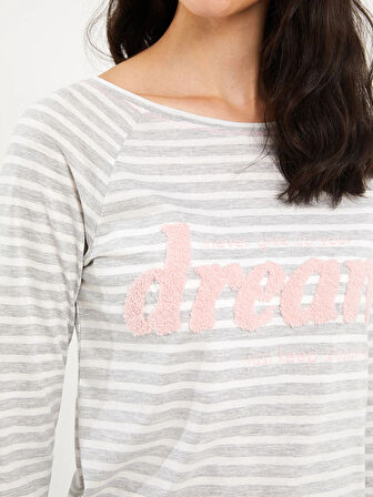 LCW DREAM Gri Bisiklet Yaka Çizgili Uzun Kollu Kadın Pijama Takımı