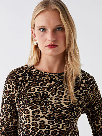 LCWAIKIKI Basic Bej Bisiklet Yaka Desenli Uzun Kollu Kadın Tişört