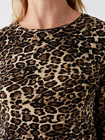 LCWAIKIKI Basic Bej Bisiklet Yaka Desenli Uzun Kollu Kadın Tişört