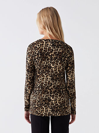 LCWAIKIKI Basic Bej Bisiklet Yaka Desenli Uzun Kollu Kadın Tişört