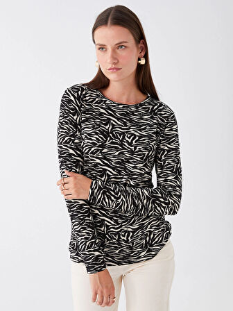 LCWAIKIKI Basic Siyah Bisiklet Yaka Desenli Uzun Kollu Kadın Tişört