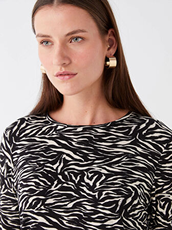 LCWAIKIKI Basic Siyah Bisiklet Yaka Desenli Uzun Kollu Kadın Tişört