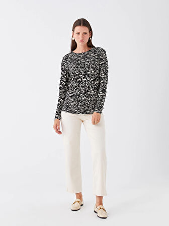 LCWAIKIKI Basic Siyah Bisiklet Yaka Desenli Uzun Kollu Kadın Tişört