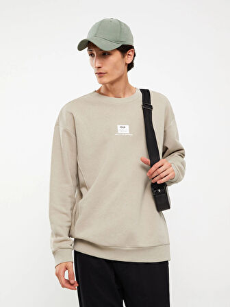 XSIDE Bej Bisiklet Yaka Baskılı Erkek Kalın Sweatshirt