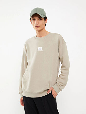 XSIDE Bej Bisiklet Yaka Baskılı Erkek Kalın Sweatshirt