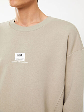 XSIDE Bej Bisiklet Yaka Baskılı Erkek Kalın Sweatshirt