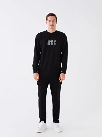 XSIDE Siyah Bisiklet Yaka Uzun Kollu Baskılı Erkek Sweatshirt