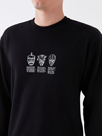 XSIDE Siyah Bisiklet Yaka Uzun Kollu Baskılı Erkek Sweatshirt