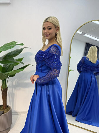 Uzun Kollu Saten Abiye