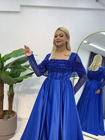 Uzun Kollu Saten Abiye