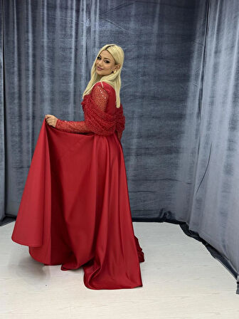 Uzun Kollu Saten Abiye