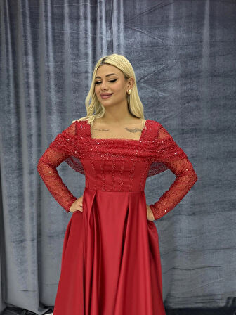 Uzun Kollu Saten Abiye