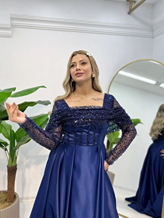 Uzun Kollu Saten Abiye