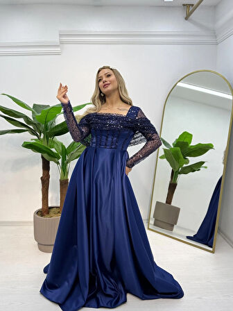 Uzun Kollu Saten Abiye