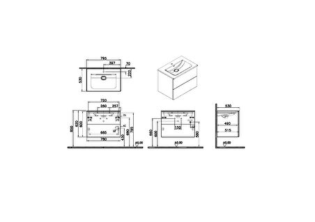 VitrA Metropole Pure 67226 Lavabo Dolabı, 2 Çekmeceli, Mat Grafit, 80 cm