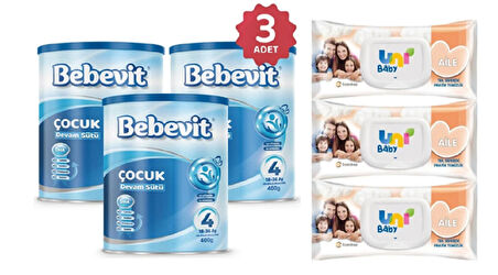 Bebevit 4 Bebek Devam Sütü 400 gr 3 ADET + Uni Baby Aile Islak Mendil 90 Lı 3 ADET