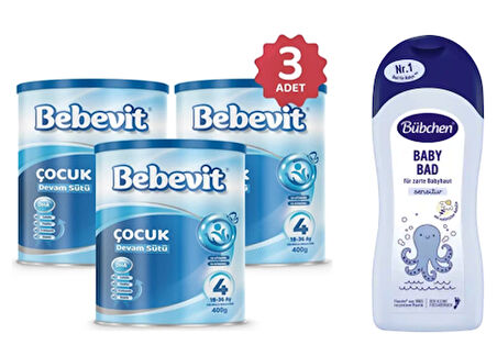 Bebevit 4 Bebek Devam Sütü 400 gr 3 ADET+Bübchen Bebek Yikama Banyo Köpüğü Kamille Sensitive 1000Ml