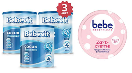 Bebevit 4 Bebek Devam Sütü 400 gr 3 ADET + Bebe Zartpflege Baby/Kids Hassas Bakim Cilt Kremi 50Ml