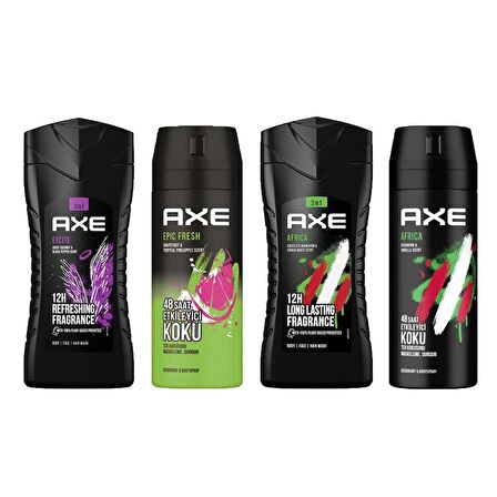 Axe Epic Fresh Erkek Deodorant 150ML + Excite 3in1 Erkek Duş Jeli 250ML + Africa 3in1 Erkek Duş Jeli 250ML + Deodorant 150 ML 4lü Set