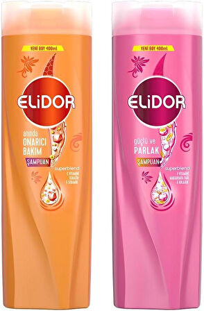 Elidor Saç Bakım Şampuanı Güçlü ve Parlak 400 ML + Elidor Saç Bakım Şampuanı Anında Onarıcı 400 ML