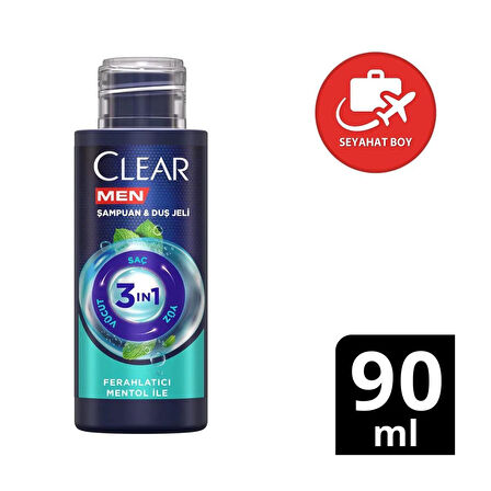 Clear Men 3in1 Ferahlatıcı Mentol Seyahat Boy Şampuan & Duş Jeli 90 ml