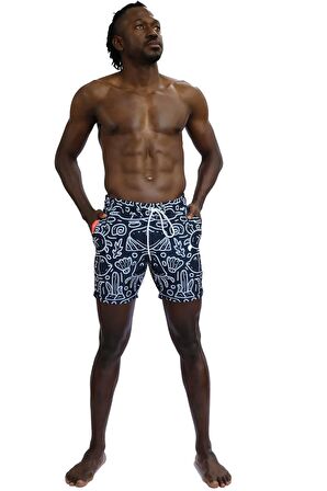 Enzo Stanley Erkek Desenli Lacivert Deniz Şortu