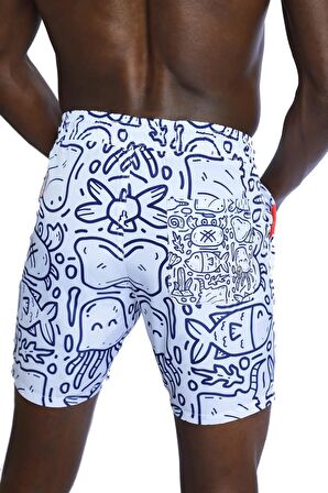 Enzo Stanley Erkek Desenli Beyaz Deniz Şortu