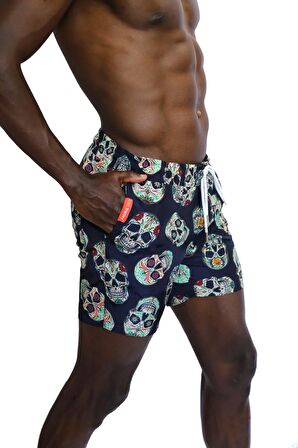 Enzo Stanley Erkek Desenli Siyah Deniz Şortu