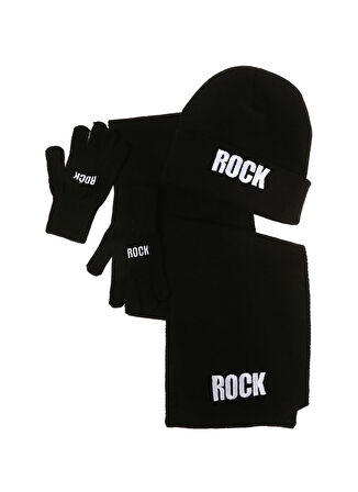 Funky Rocks Ht01  Siyah Unisex Nakışlı Atkı-Bere-Eldiven Takımı