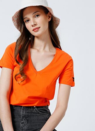 Fabrika Teyo V Yaka Basic Düz Turuncu Kadın T-Shirt