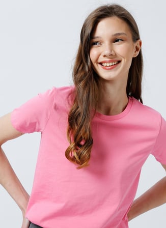 Fabrika Tengiz Bisiklet Yaka Basic Düz Açık Pembe Kadın T-Shirt