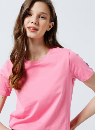 Fabrika Tengiz Bisiklet Yaka Basic Düz Açık Pembe Kadın T-Shirt