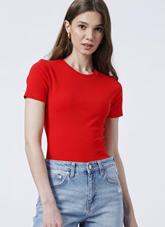 Fabrika Bisiklet Yaka Fitilli Kırmızı Kadın T-Shirt TEO