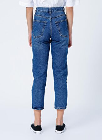 Limon Ravyo Yüksek Bel Geniş Fit Düz İndigo Kadın Denim Pantolon
