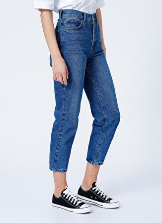 Limon Ravyo Yüksek Bel Geniş Fit Düz İndigo Kadın Denim Pantolon