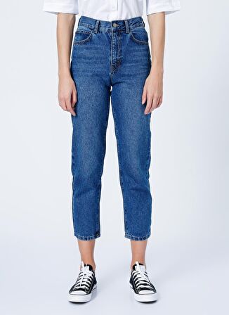 Limon Ravyo Yüksek Bel Geniş Fit Düz İndigo Kadın Denim Pantolon