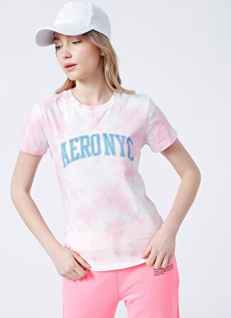 Aeropostale Bisiklet Yaka Standart Kalıp Batik Desenli Kadın Açık Pembe T-Shirt - K-5747