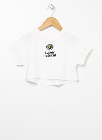 Limon Bisiklet Yaka Crop Nakışlı Ekru Kız Çocuk T-Shirt - Super Gırl