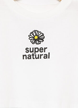 Limon Bisiklet Yaka Crop Nakışlı Ekru Kız Çocuk T-Shirt - Super Gırl