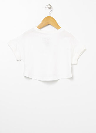 Limon Bisiklet Yaka Crop Nakışlı Ekru Kız Çocuk T-Shirt - Super Gırl
