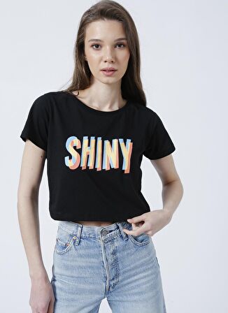 Limon Bisiklet Yaka Regular Fit Baskılı Siyah Kadın T-Shirt - MONKA