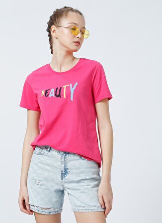 Limon Suns V Yaka Regular Fit Baskılı Pembe Kadın T-Shirt