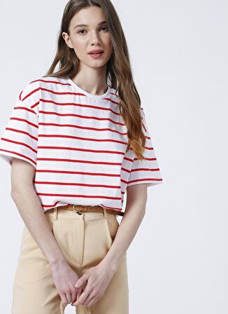 Fabrika Bisiklet Yaka  Basic  Kırmızı - Beyaz Kadın T-Shirt  -  K-MELISSA