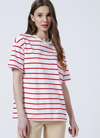 Fabrika Bisiklet Yaka  Basic  Kırmızı - Beyaz Kadın T-Shirt  -  K-MELISSA